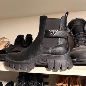 Guess Black Leather Chunky Lug Chelsea Booties